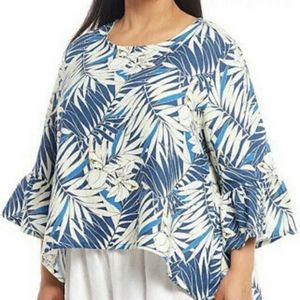 BRYN WALKER Linen Fran Shirt Palmo Blue Tropical Flowy Shirt Medium